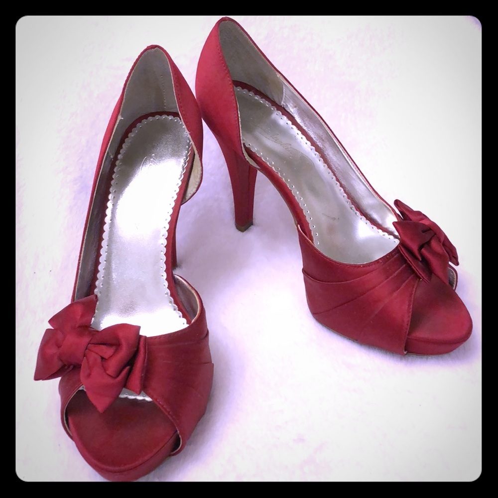 Satin Red Open Toe 4 inch Heels with Bow